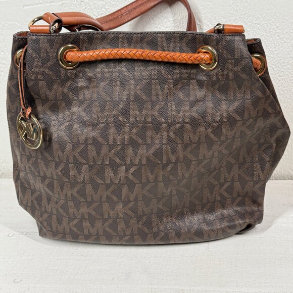Michael Kors Jet Set Signature Drawstring Tote Brown MK Monogram Leather Trim - Picture 2 of 15